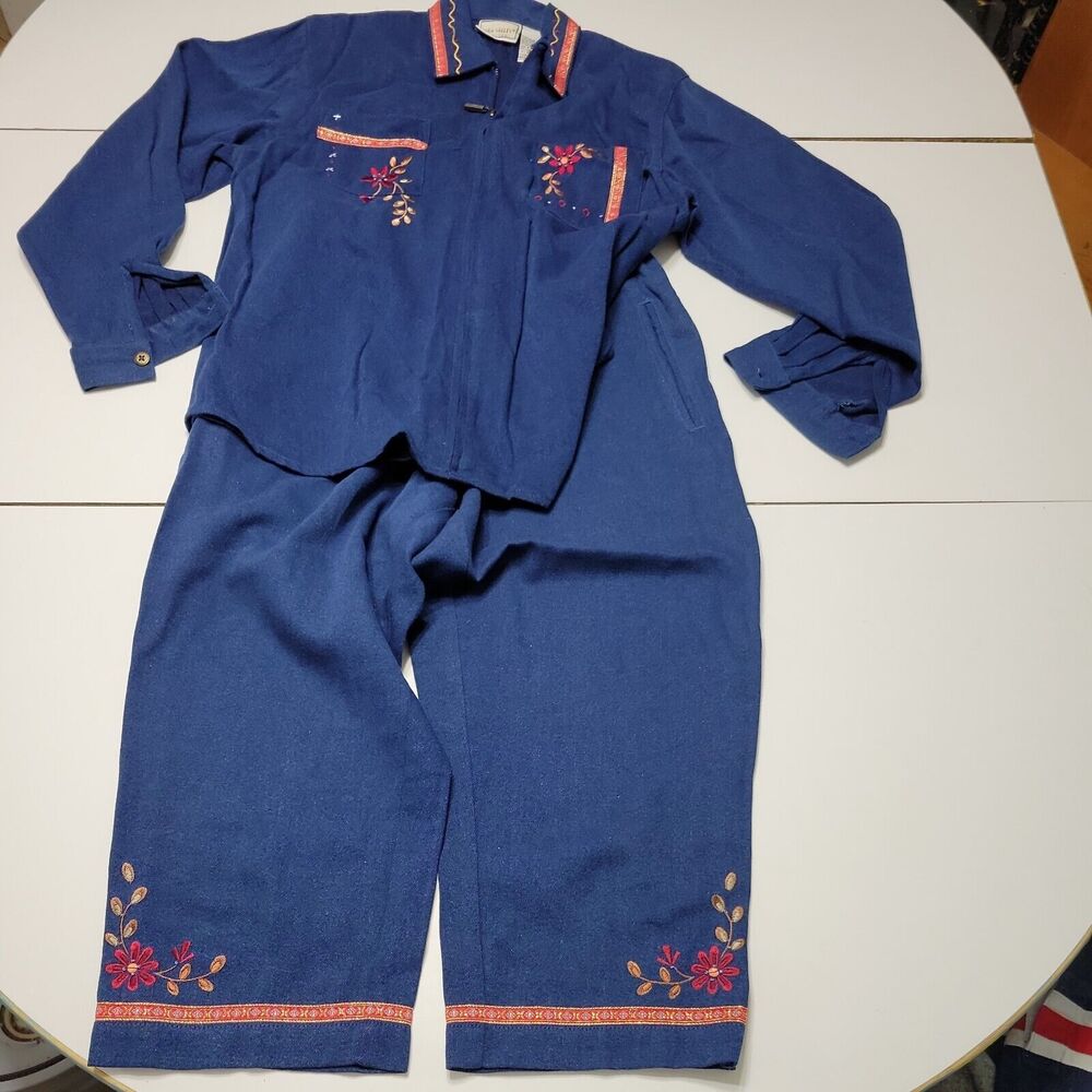 Napa Valley Outfit Womens S P Set Blue Embroidered Jacket Jean Pull On Pants Vtg